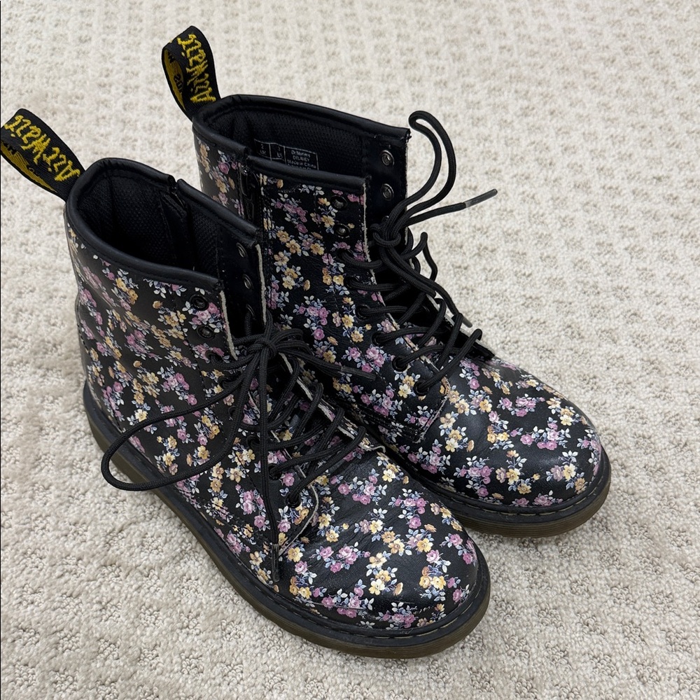 Dr. Martens Kids Women's Floral Combat Boots - Black and Pink